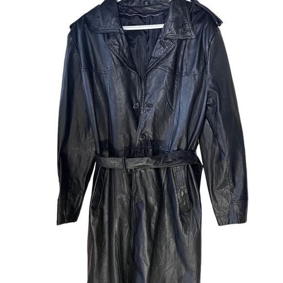 Long Leather Trench Coat Size 40 Which is Med to L Belted Single Breasted - Picture 5 of 10